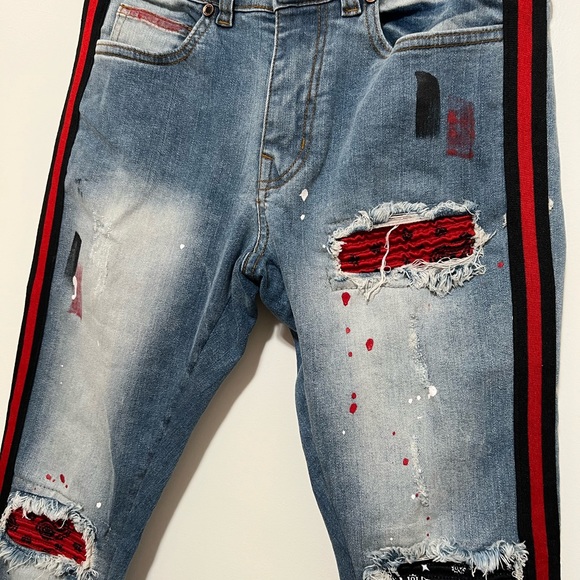 Focus Jeans Men’s Bandana Patches And Stripes Slim Fit Size 29x30 Distressed. - Picture 3 of 8